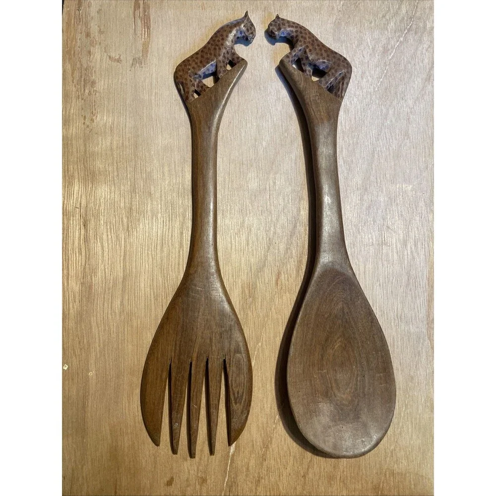 African Hand Carved Wood Spoon & Fork Salad Servers Vintage Estate Leopard Kenya